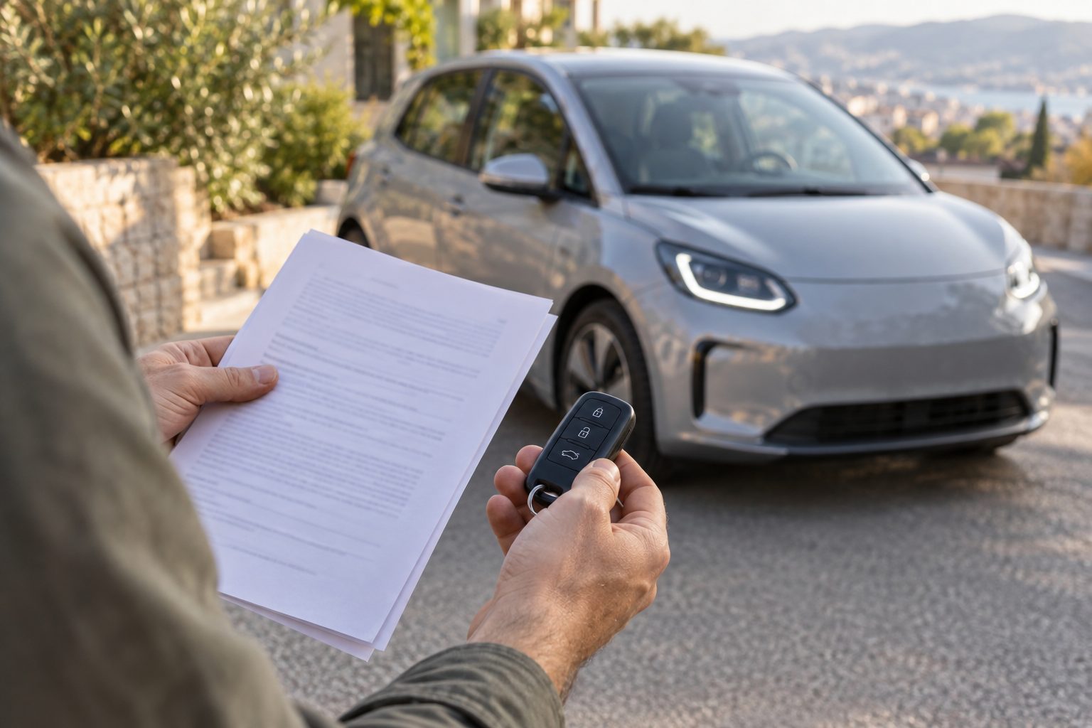 Mains tenant les papiers d'achat et la clé d'une voiture électrique d'occasion