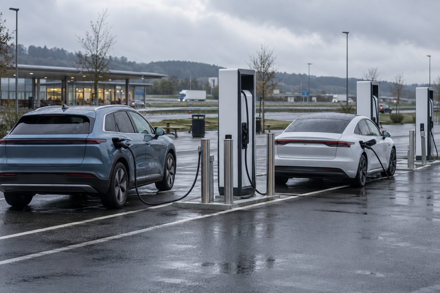 Bornes de recharge rapide en rangée sur une aire d'autoroute avec voitures électriques en charge