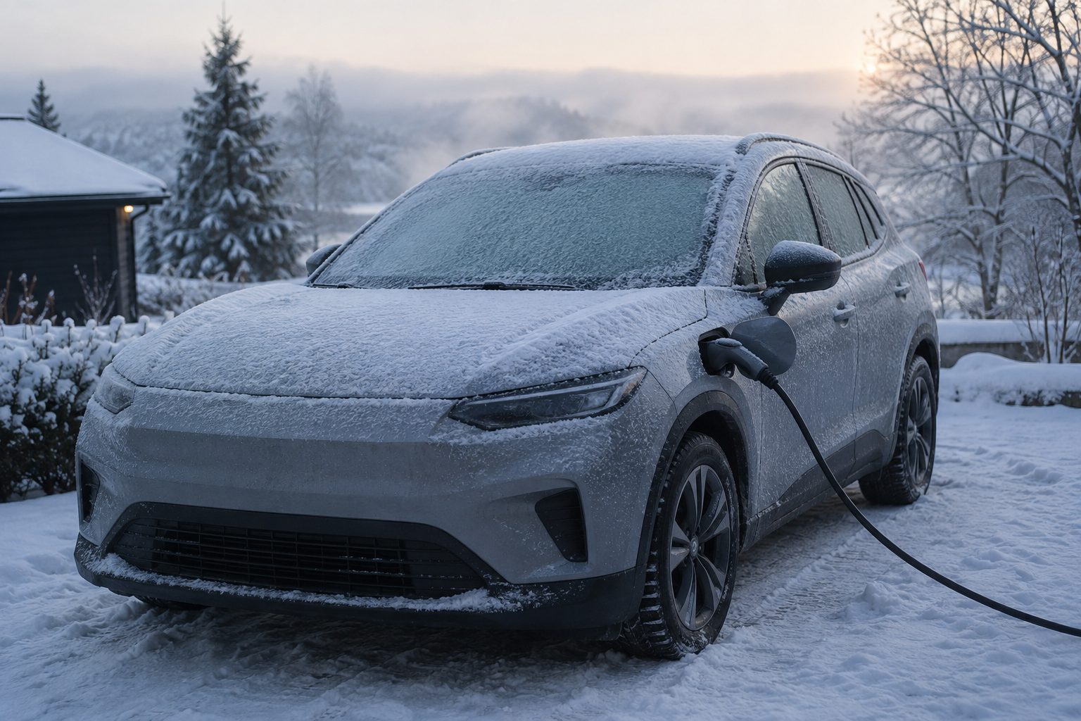 Voiture électrique couverte de neige en hiver avec givre sur le pare-brise et câble de charge connecté