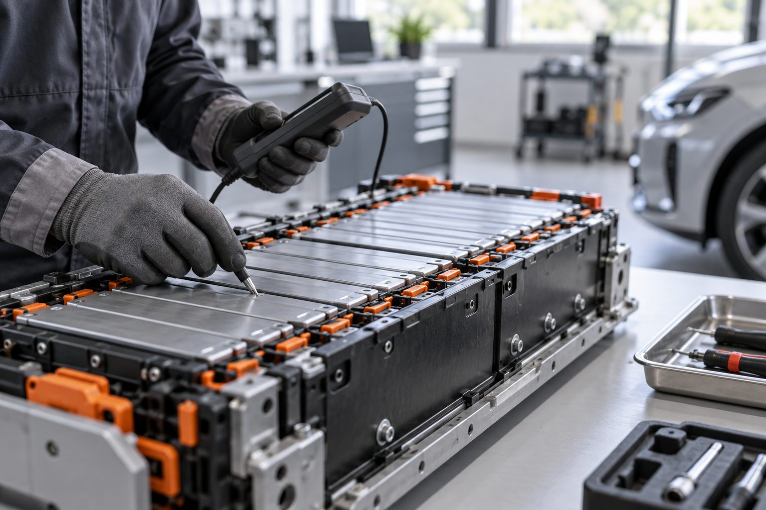 Inspection d'un module de batterie par un technicien avec un outil de diagnostic dans un atelier automobile professionnel