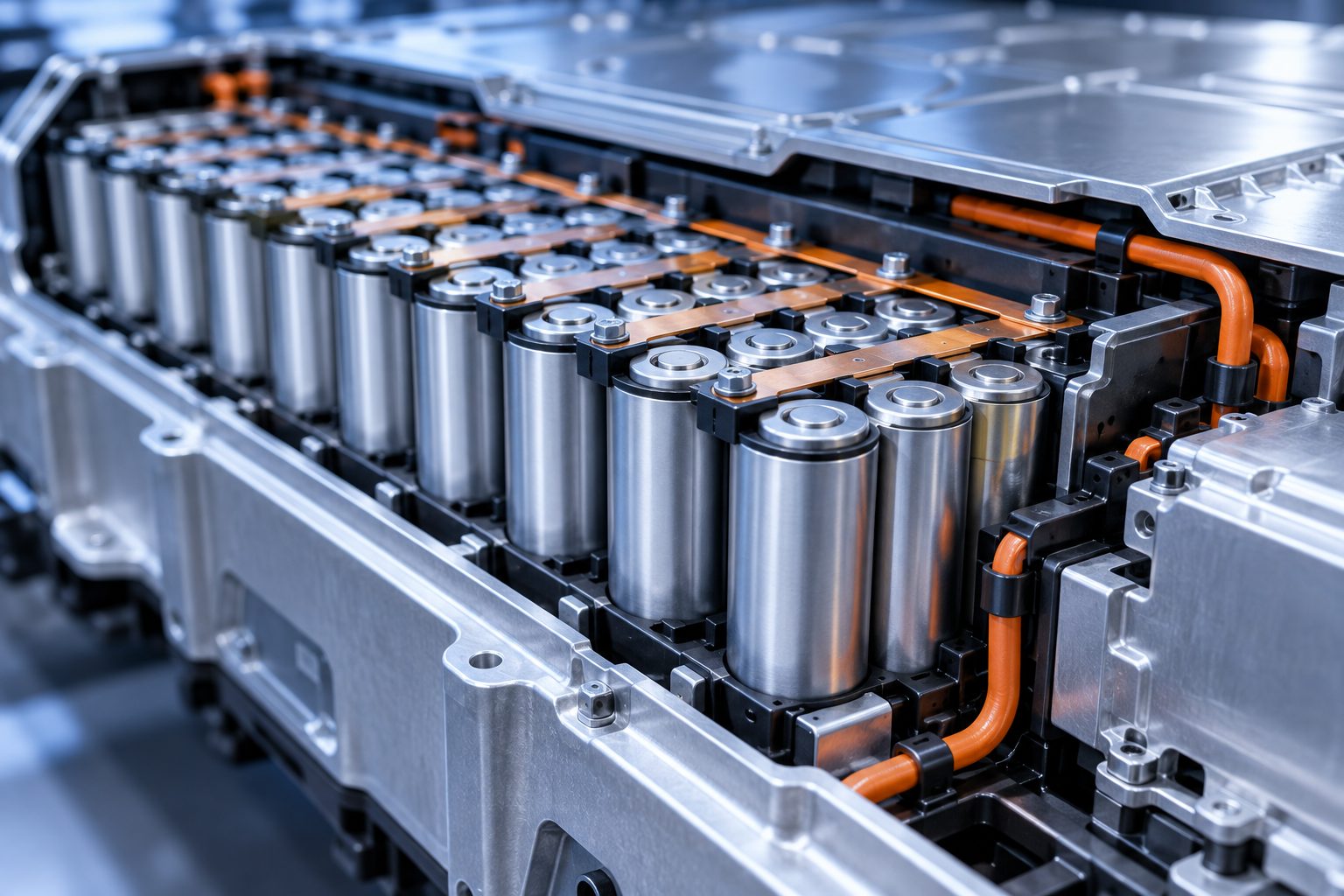 Batterie lithium-ion avec rangées de cellules cylindriques et câblage interne dans une vue en coupe, avec éclairage industriel bleu et argent