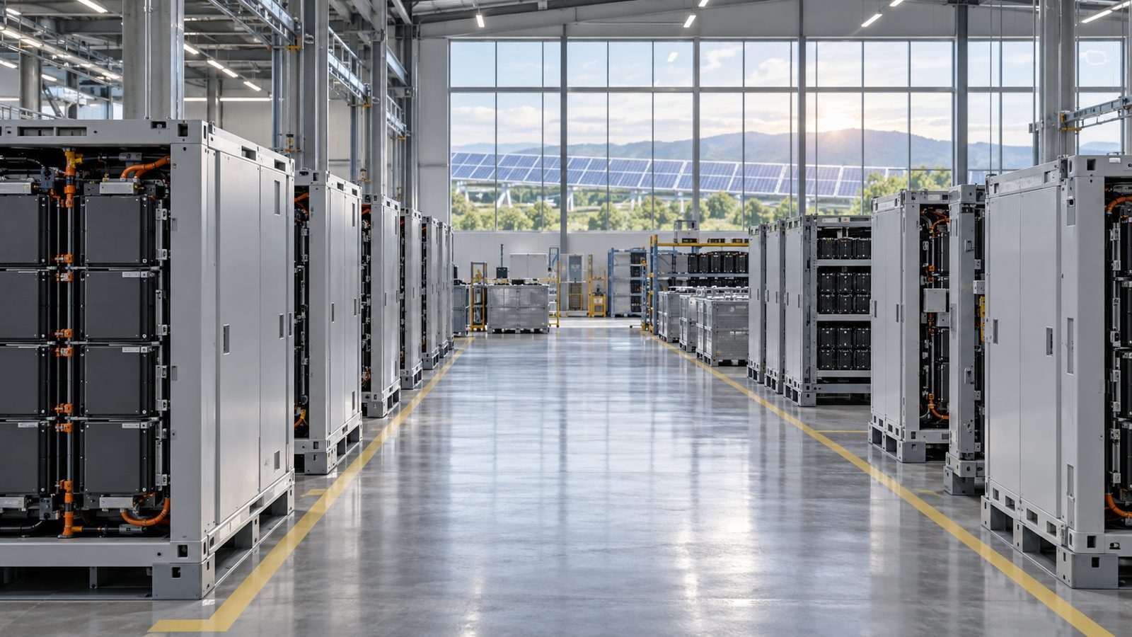 Unités de stockage d'énergie stationnaire dans une installation industrielle de recyclage et de seconde vie, avec panneaux solaires visibles