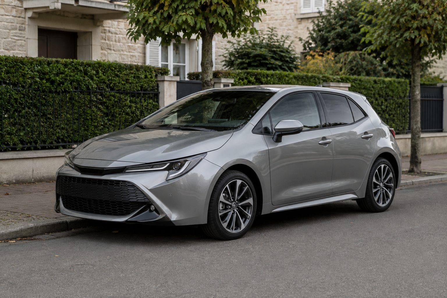 Voiture hybride grise garée en ville, prête pour un contrôle avant achat d'occasion