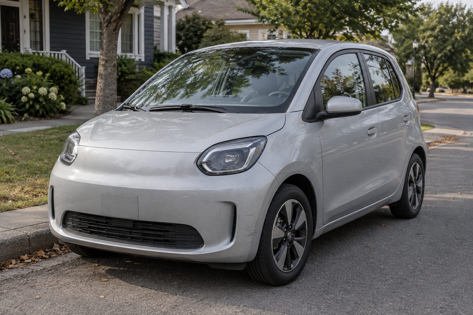 Petite voiture électrique d'occasion garée sur une rue résidentielle