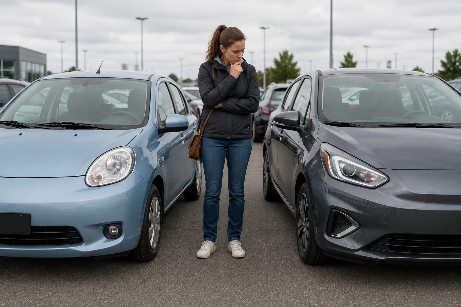 Personne comparant deux petites voitures électriques d'occasion sur un parking