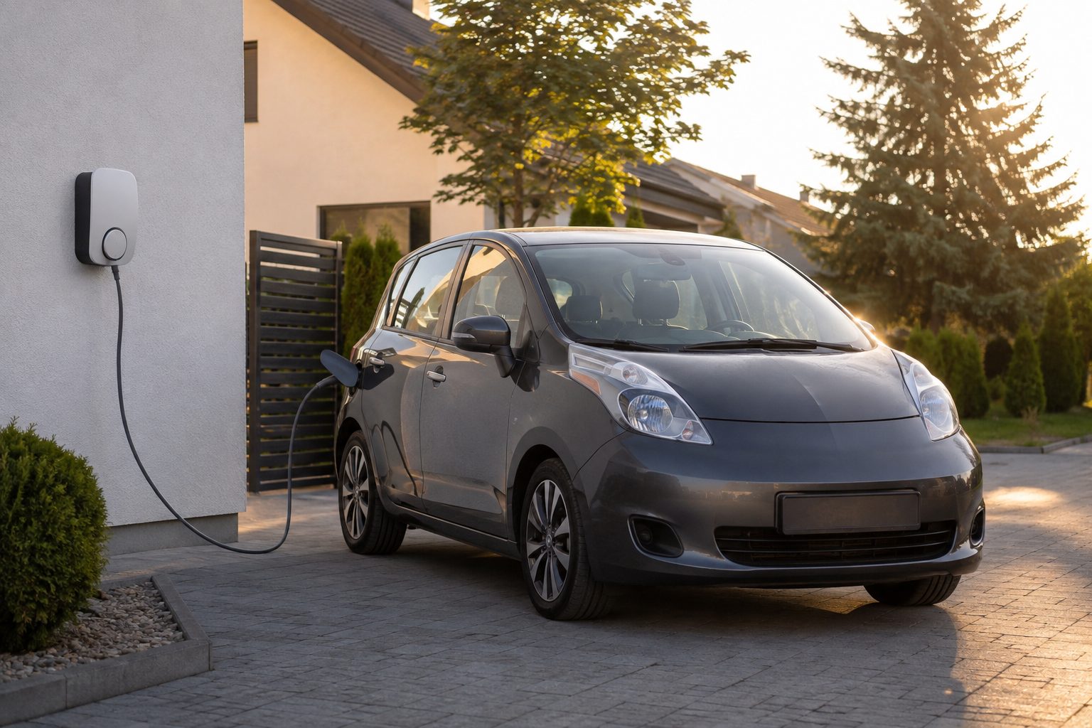 Voiture électrique citadine branchée sur une borne murale à domicile au coucher du soleil