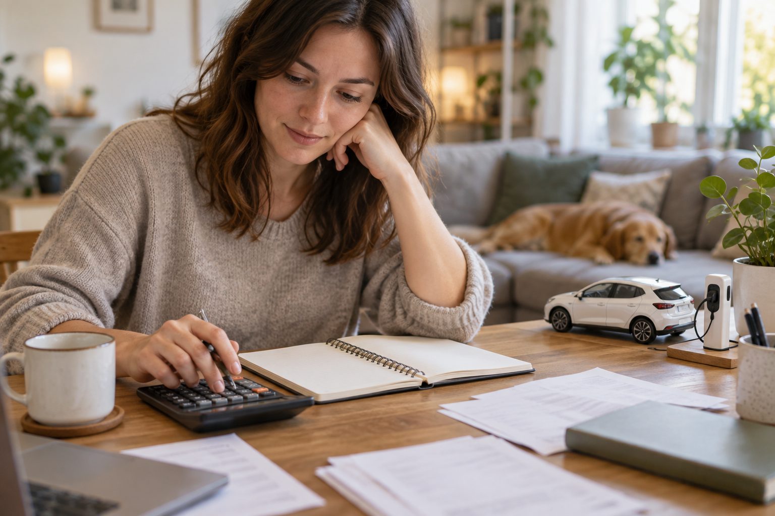 Une femme qui calcule son budget automobile à son bureau avec une calculatrice, un bloc-notes et une maquette de voiture électrique en arrière-plan, éclairage naturel chaleureux