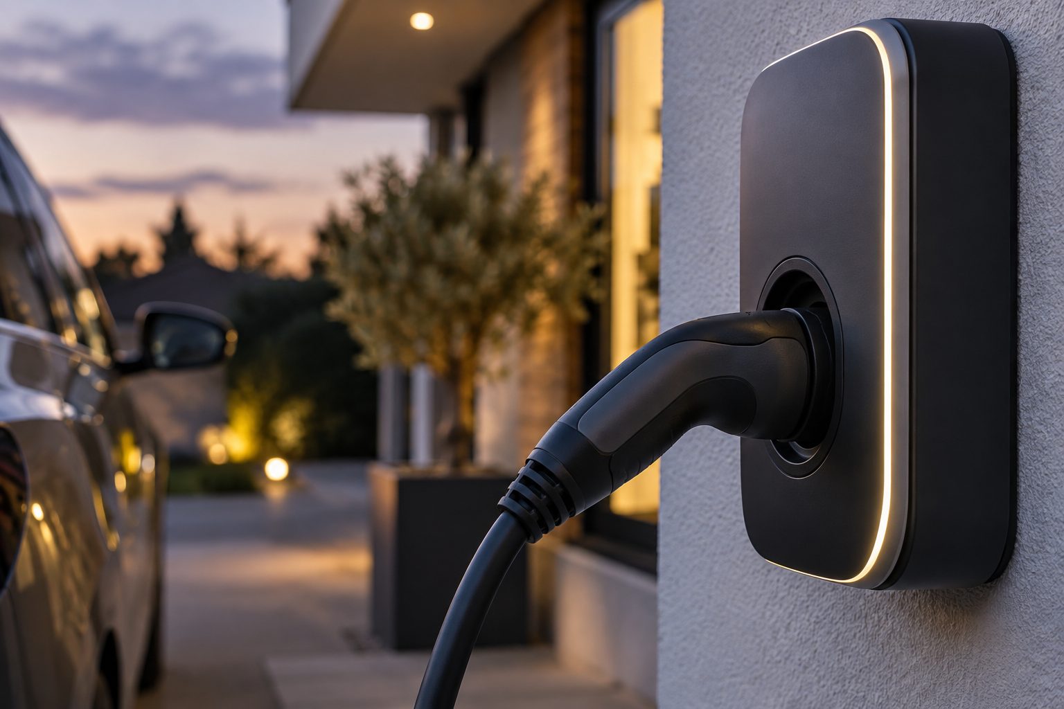 Gros plan sur un câble de recharge électrique branché dans une wallbox murale de recharge à domicile, lors du coucher du soleil avec un éclairage ambiant doux
