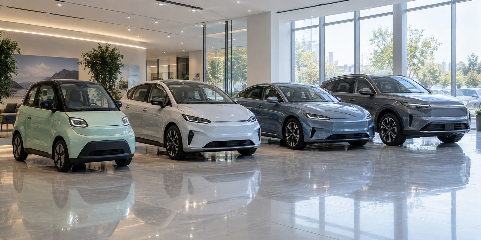 Un showroom d'exposition automobile avec une ligne de voitures électriques de différentes tailles : citadines, berlines et SUV, montrant la diversité des segments de marché