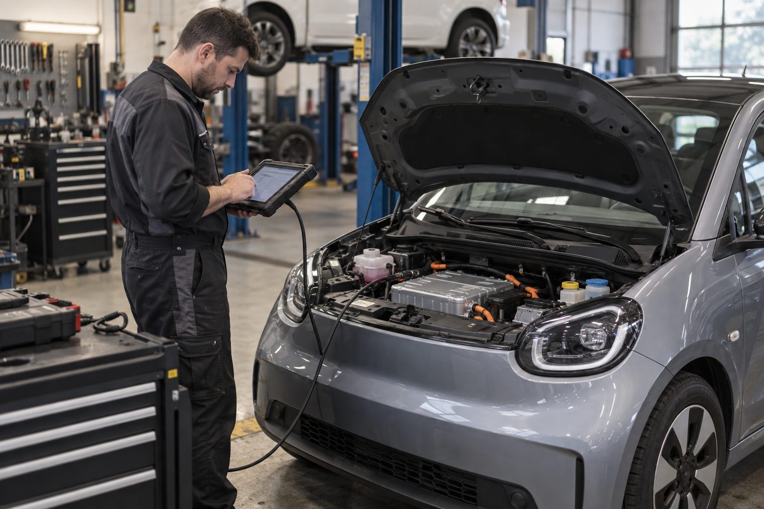 Mécanicien effectuant le diagnostic de la batterie d'une voiture électrique d'occasion en garage