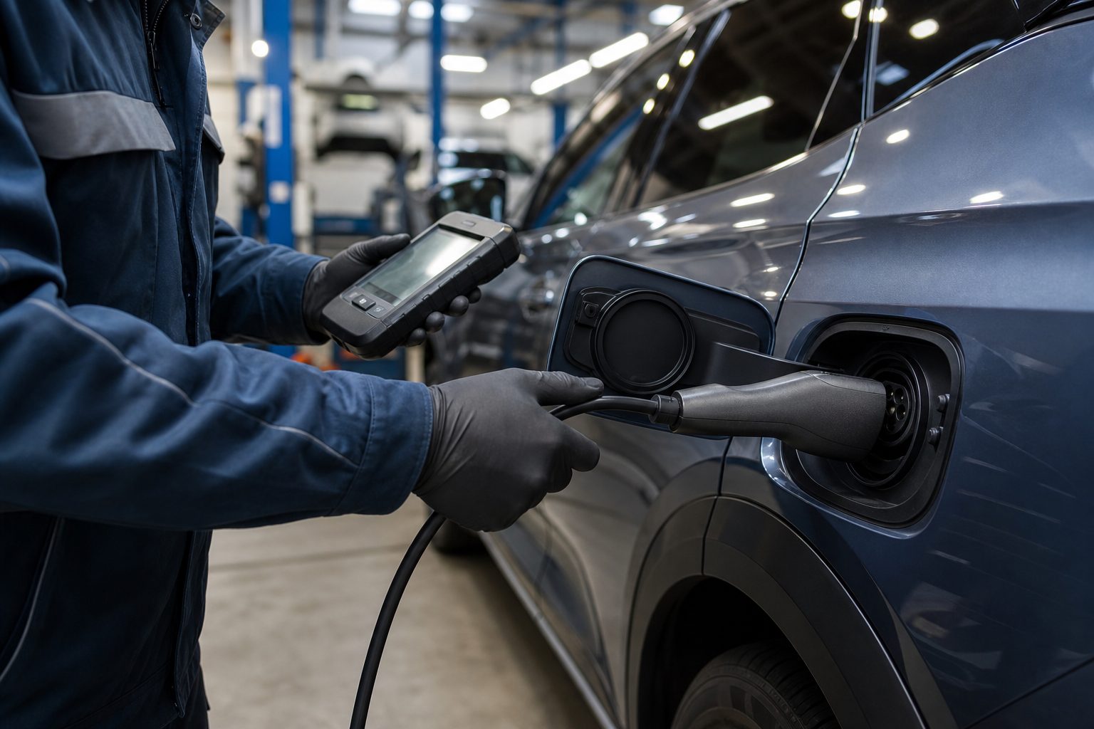 Technicien vérifiant l'état de santé de la batterie d'une voiture électrique via un diagnostic
