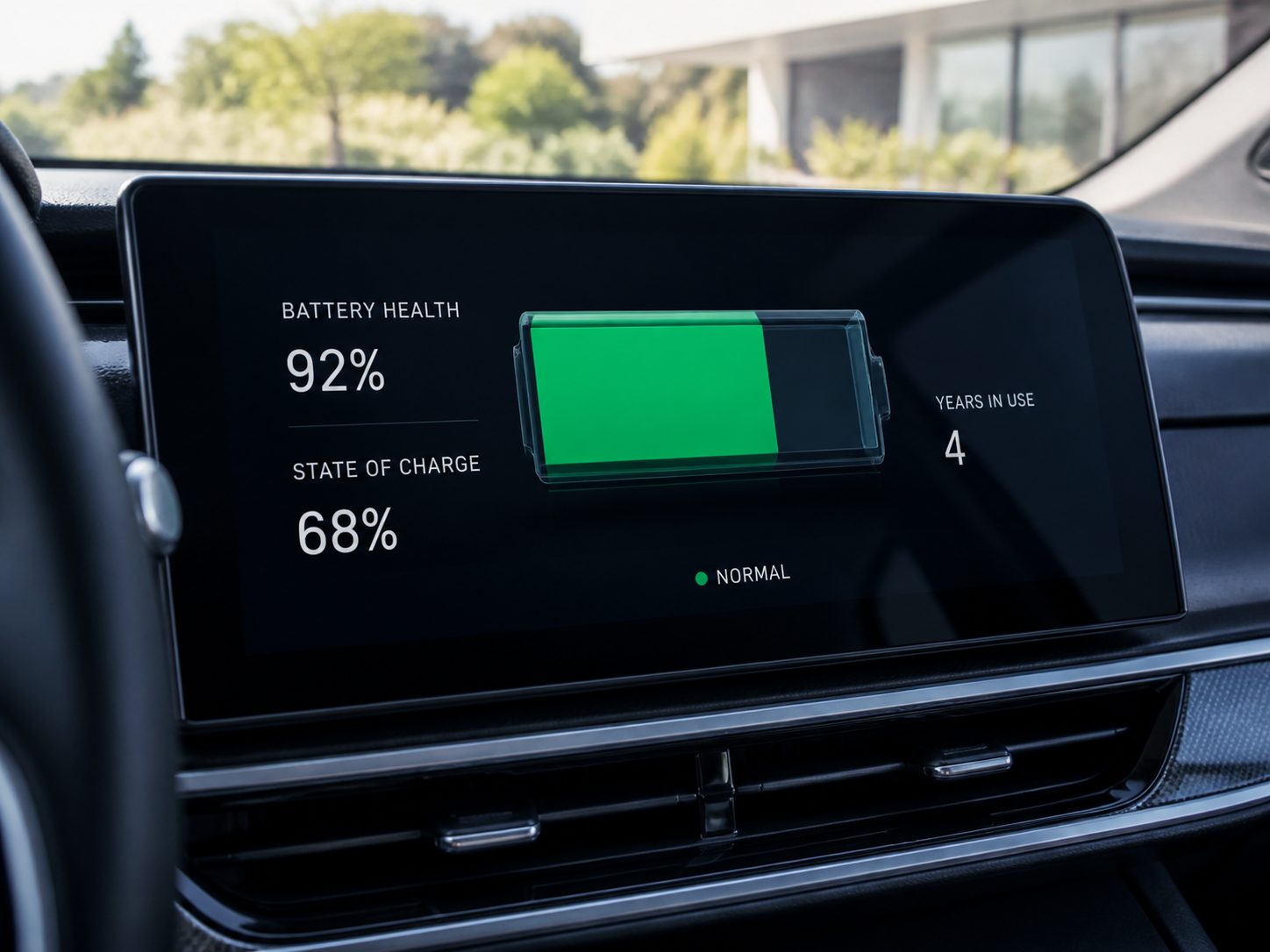 Écran de bord affichant l'état de santé de la batterie d'une voiture électrique