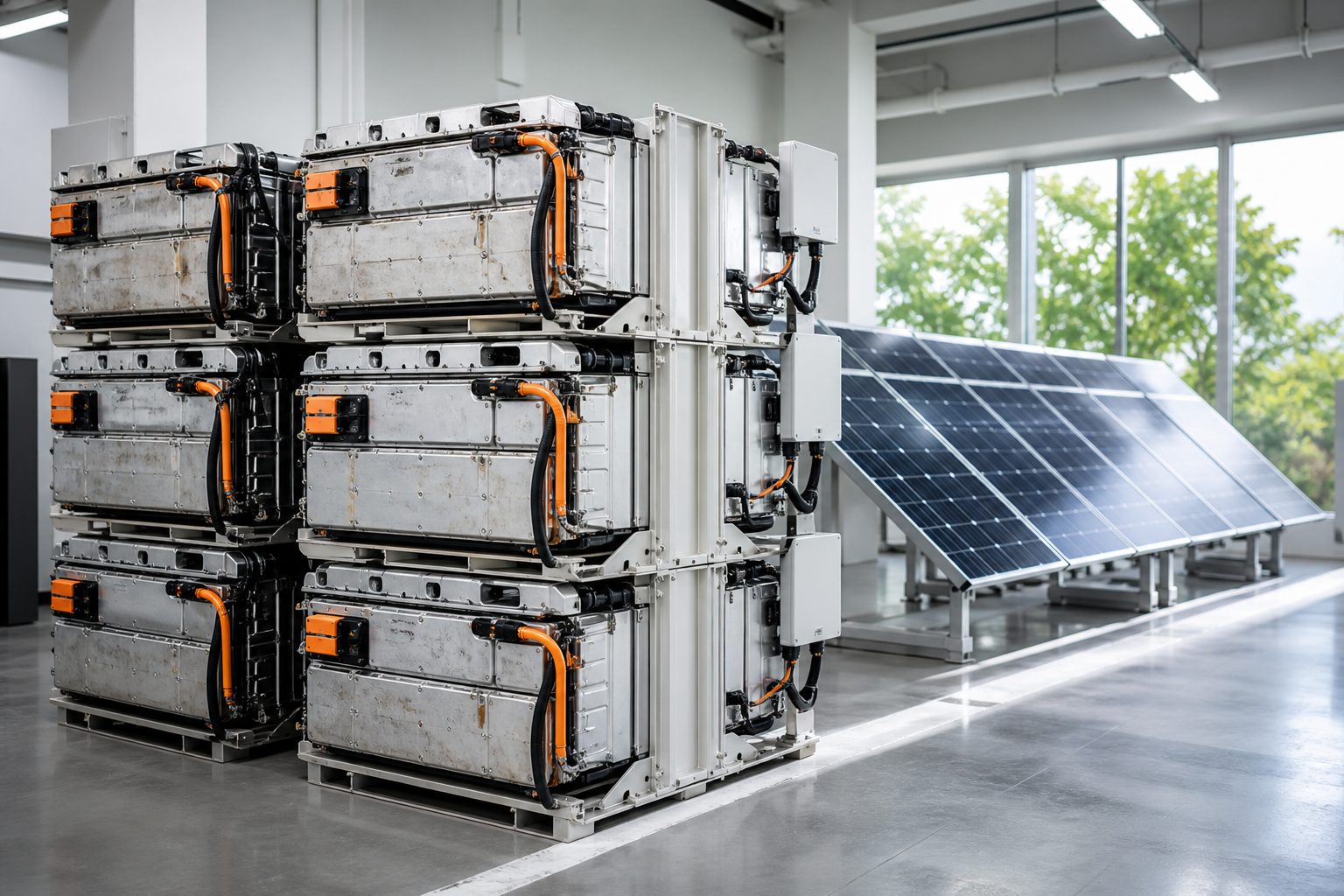 Batteries de voiture électrique réutilisées en stockage stationnaire à côté de panneaux solaires