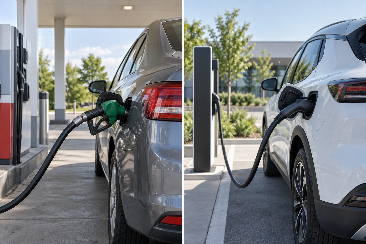 Comparaison côte à côte entre une pompe essence et une borne de recharge électrique