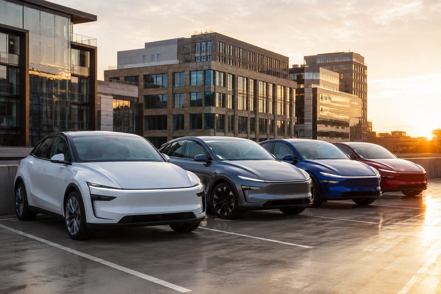 Plusieurs voitures électriques de marques différentes garées côte à côte