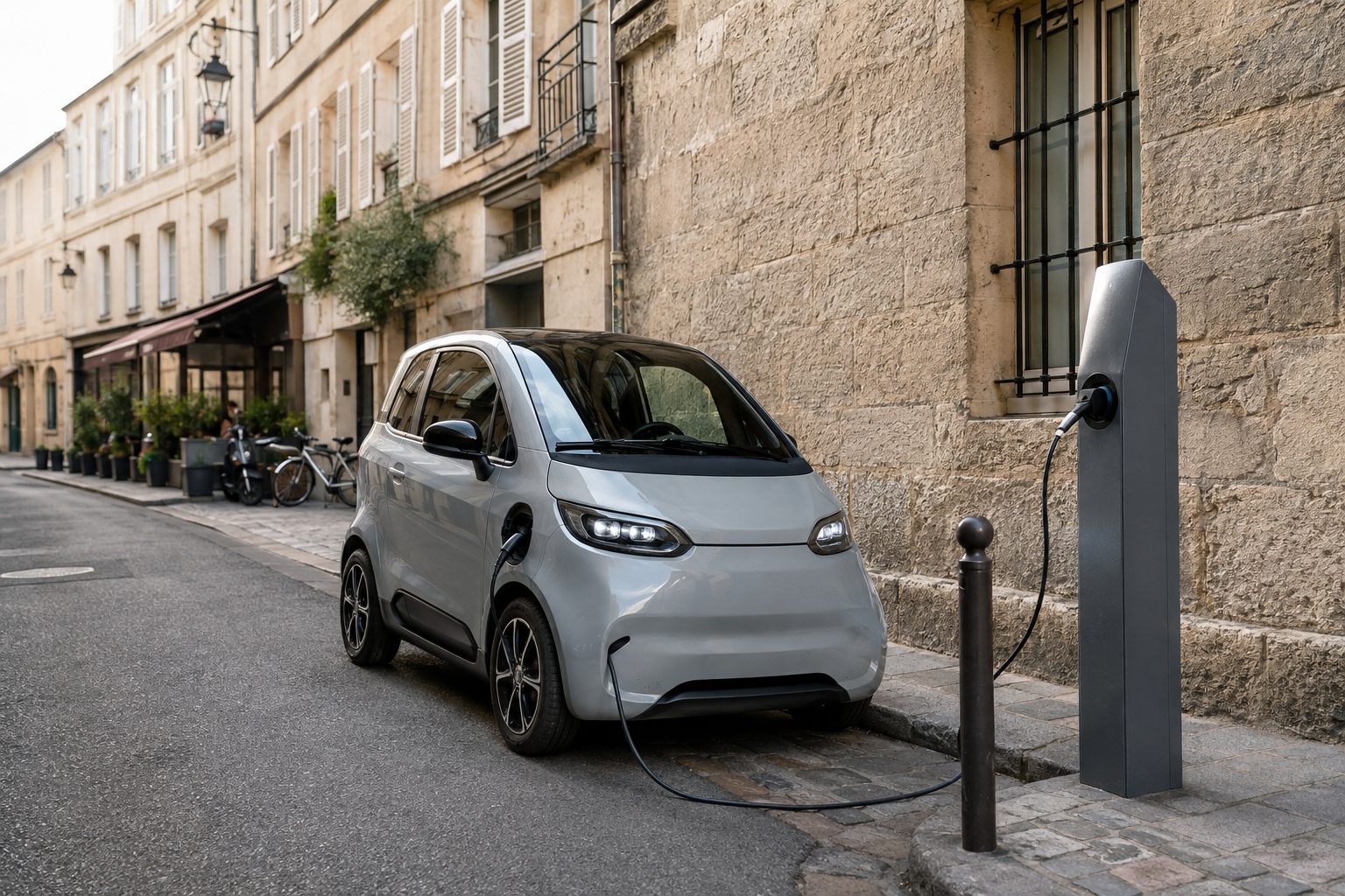 Petite voiture électrique citadine garée en ville