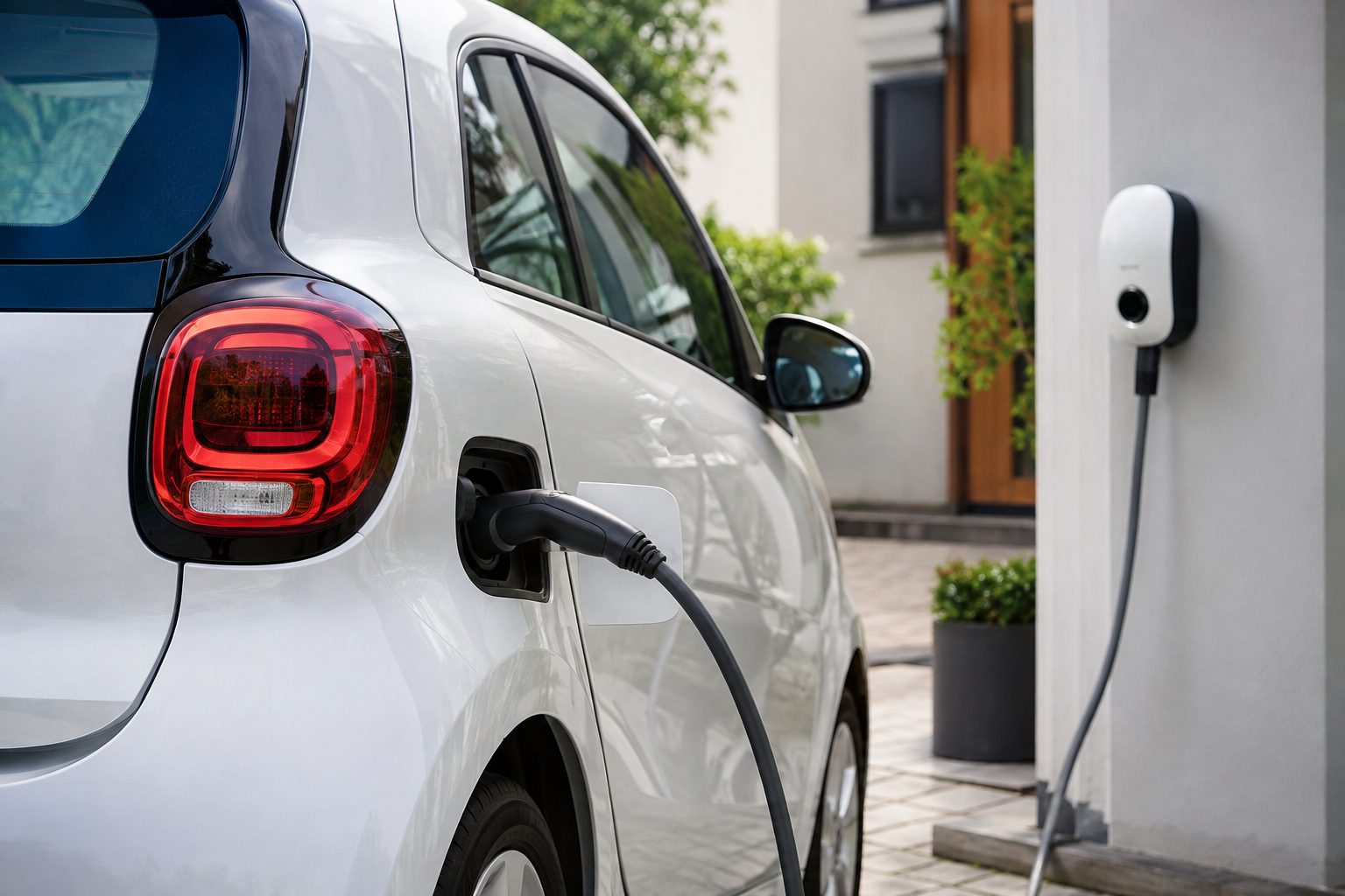 Petite voiture électrique en charge sur une borne à domicile