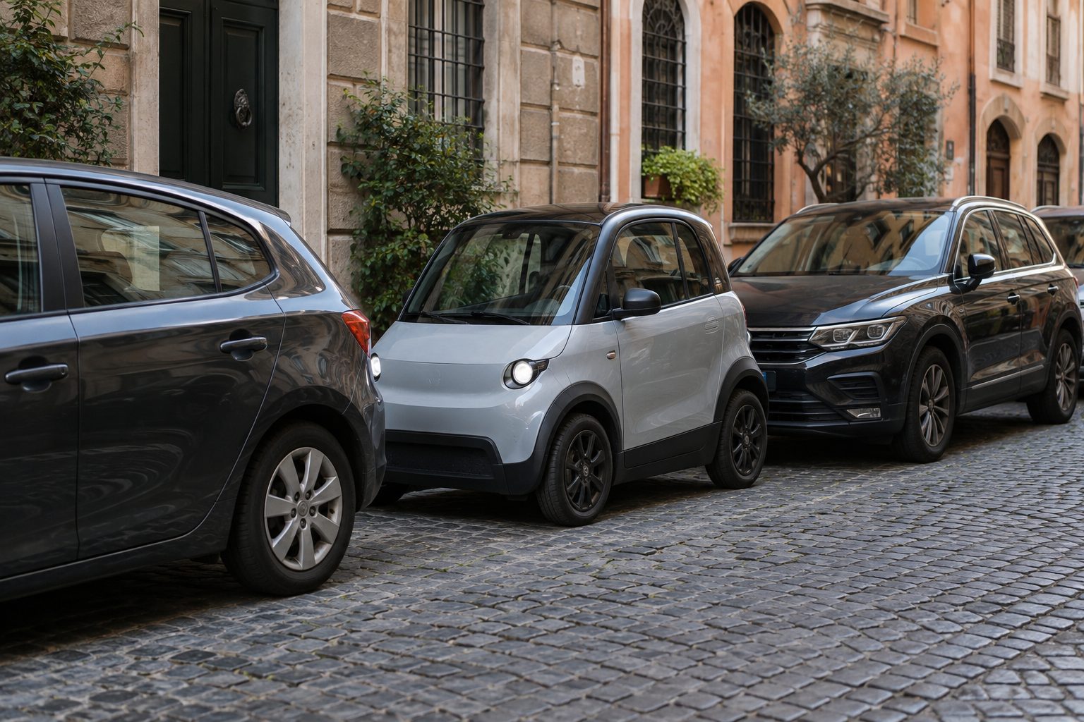 Petite voiture électrique blanche garée facilement dans un créneau serré entre deux autres véhicules en rue pavée européenne