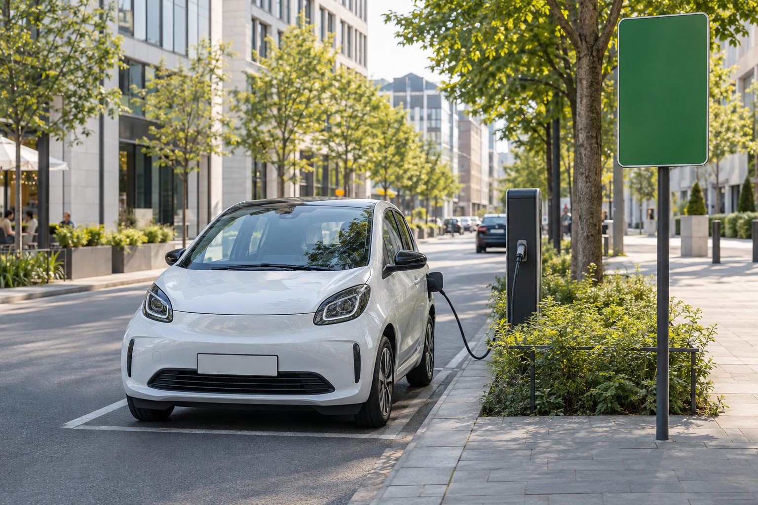 Petite voiture électrique en recharge dans une zone écologique verte de centre-ville avec panneau ZFE