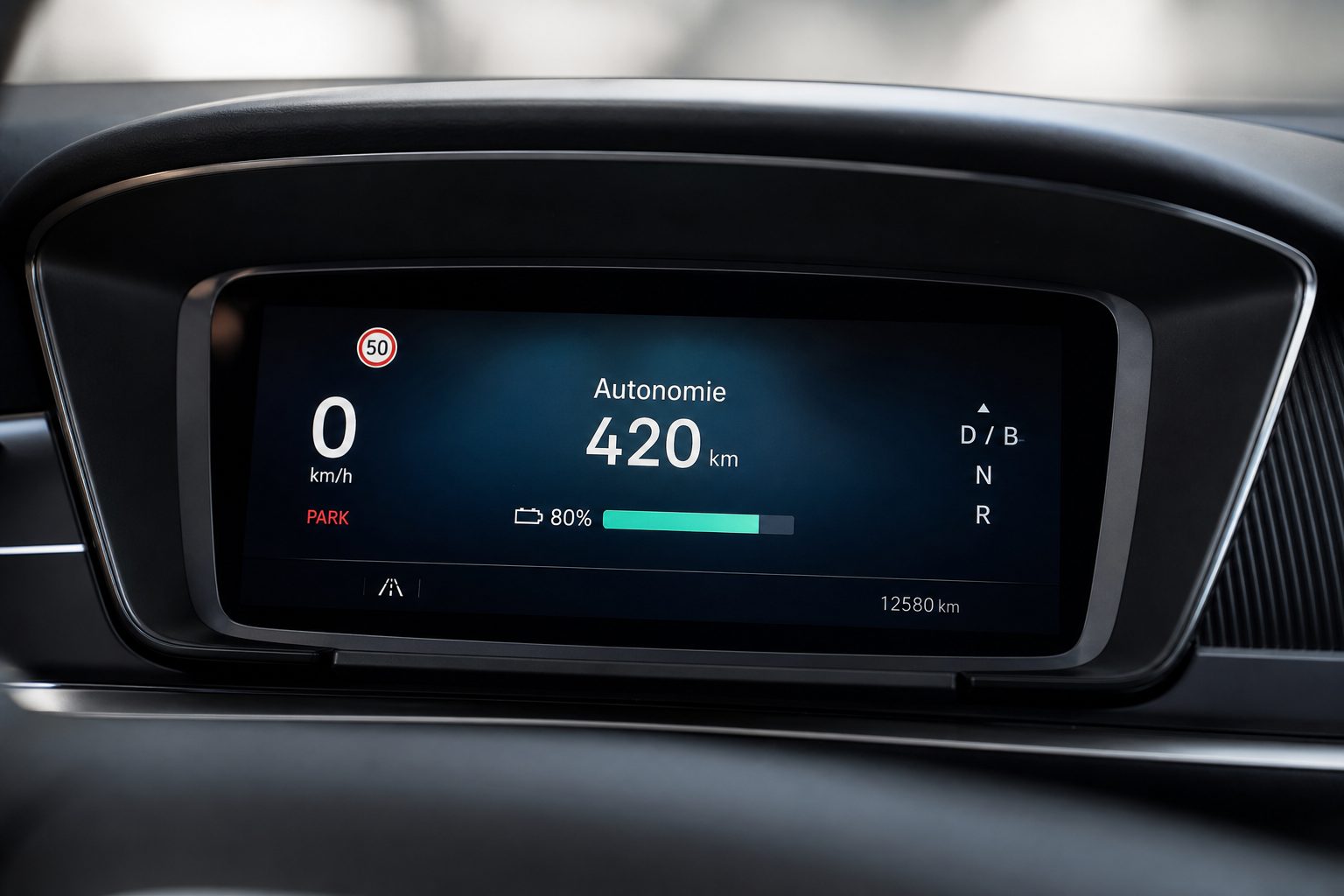 Tableau de bord affichant l'autonomie restante d'une voiture électrique