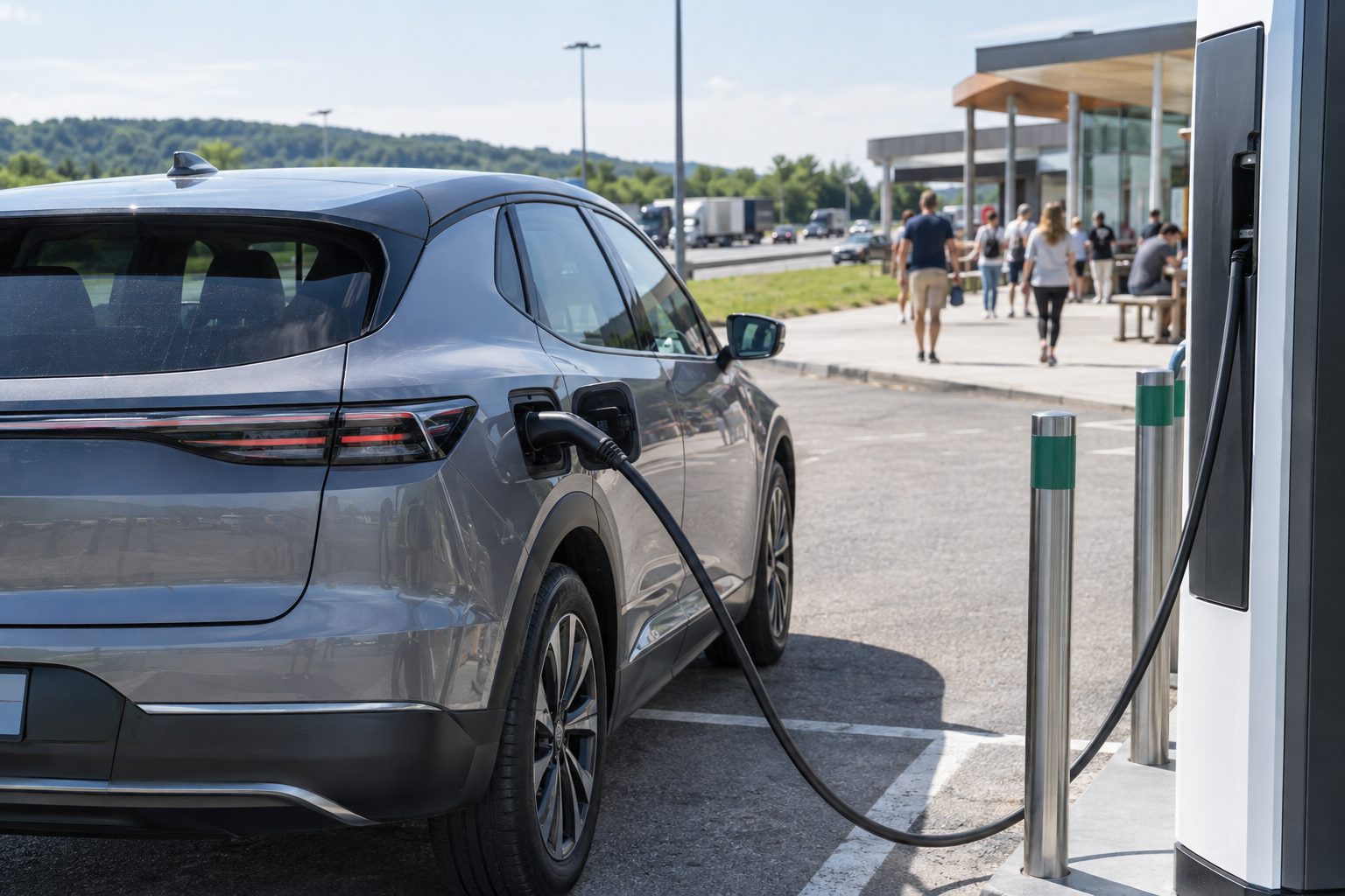 Voiture électrique générique en cours de charge à une station rapide sur autoroute avec voyageurs en arrière-plan