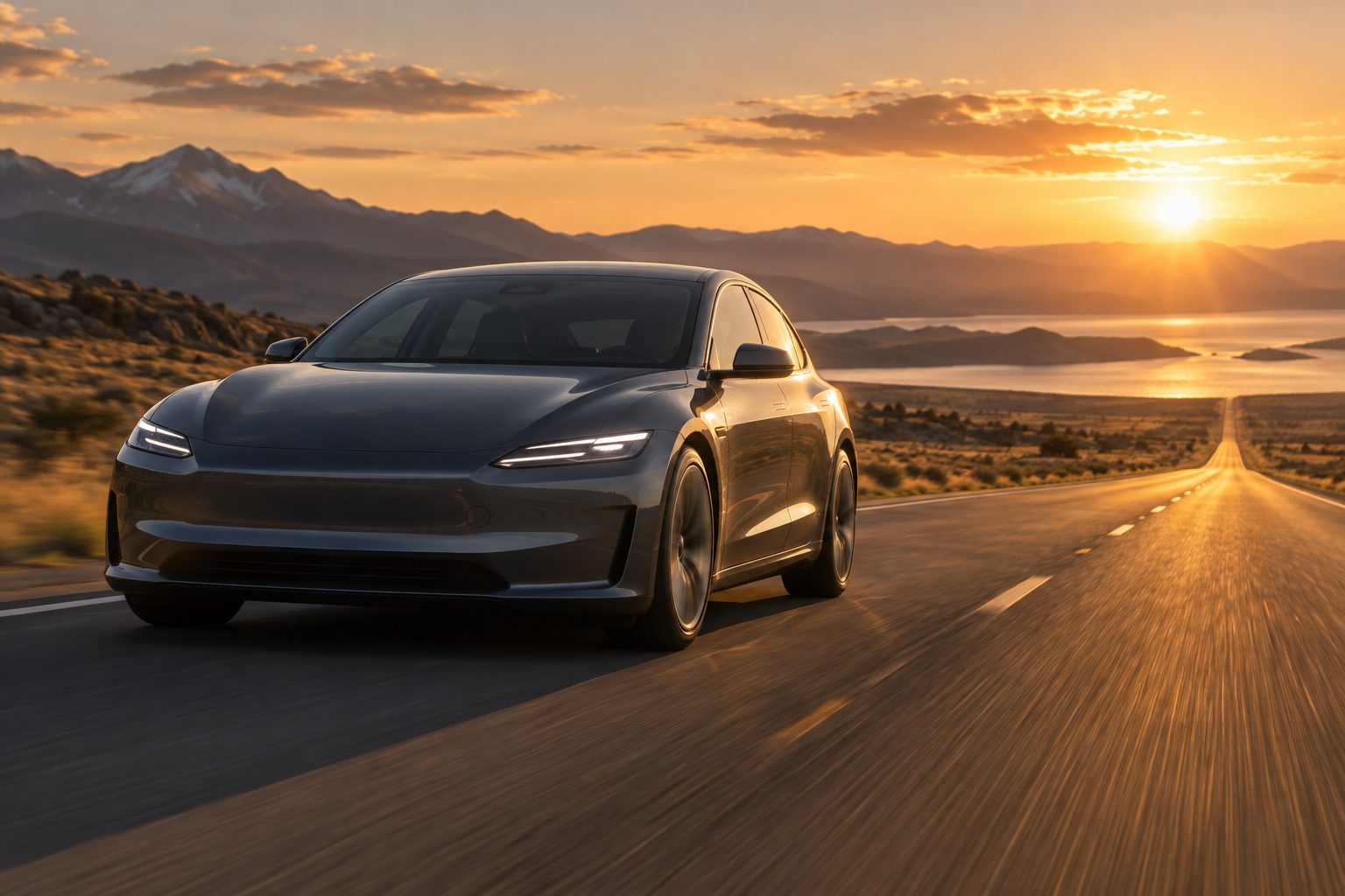 Voiture électrique générique roulant sur autoroute au coucher de soleil pour illustrer la longue distance et l'autonomie