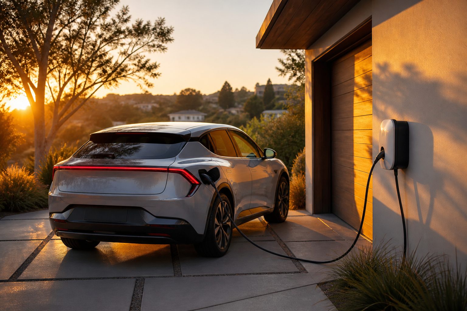 Voiture électrique en charge à domicile au coucher du soleil