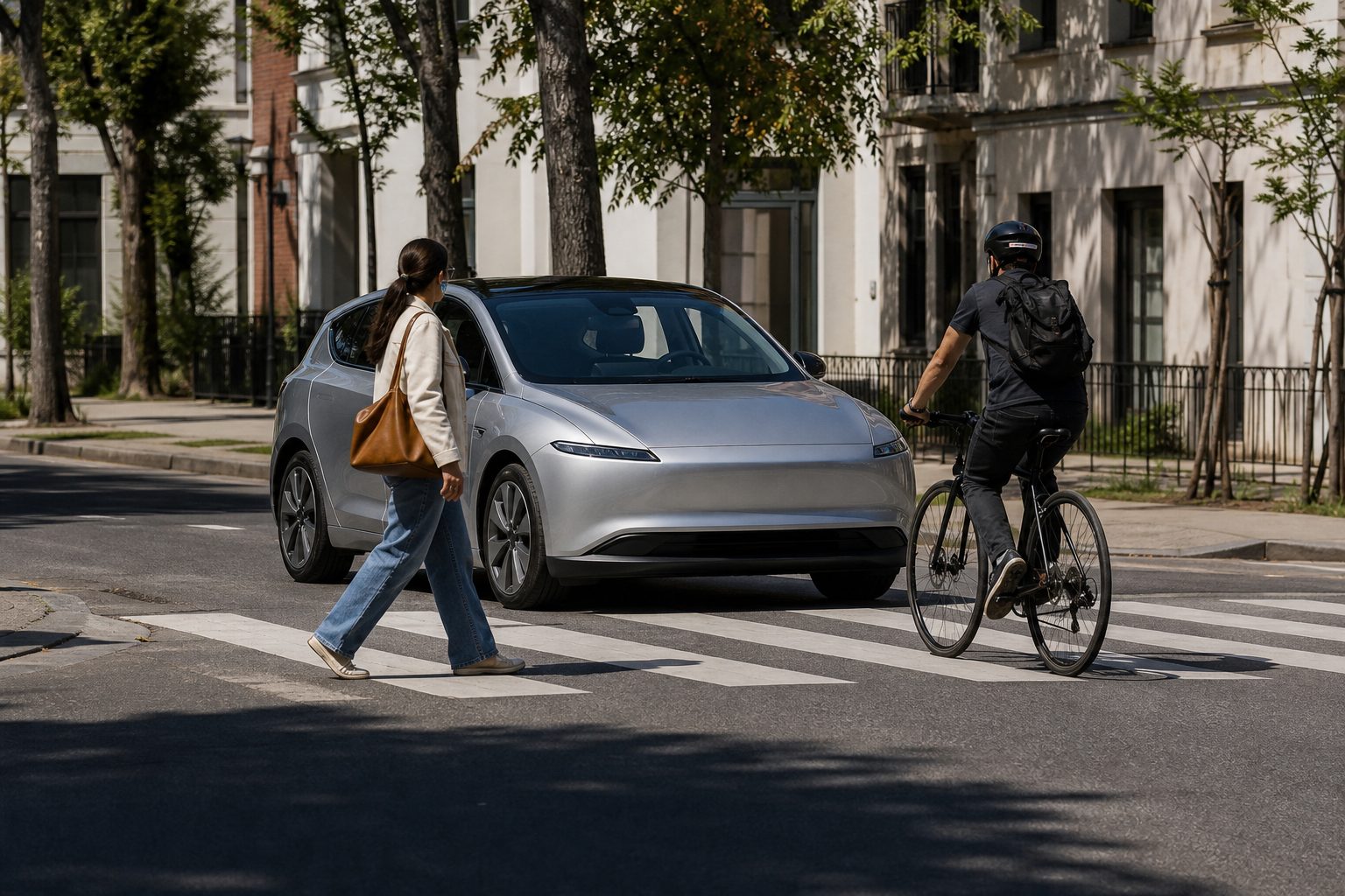 Piéton et cycliste traversant devant une voiture électrique en ville