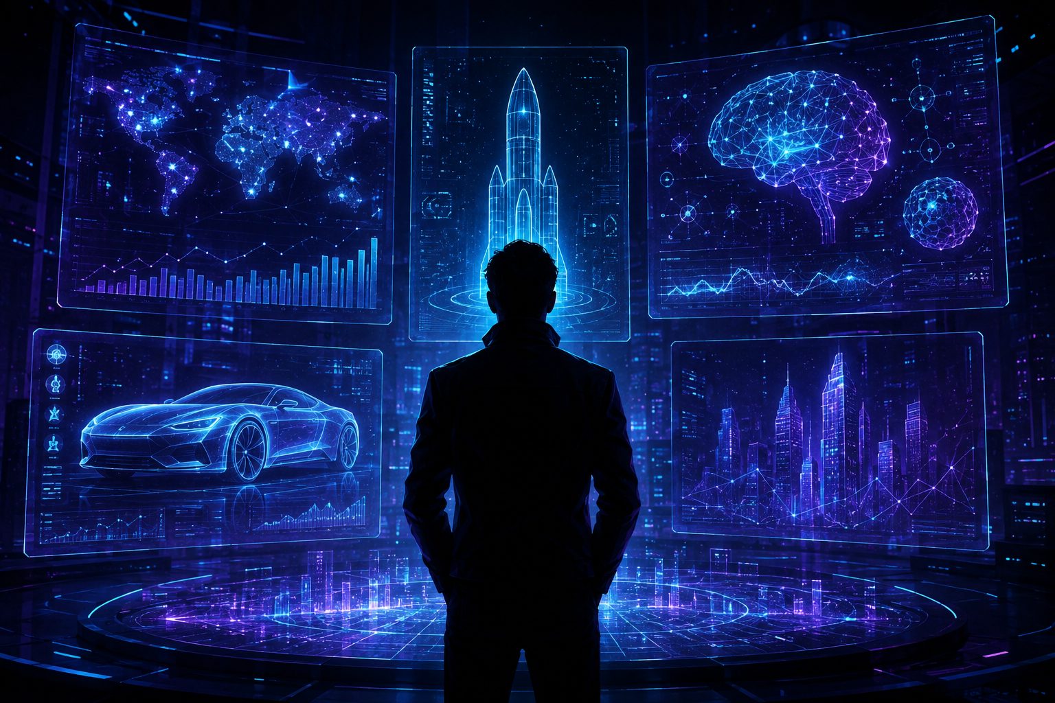Silhouette d'un homme face à des écrans holographiques représentant une fusée, une voiture, l'intelligence artificielle et des données financières