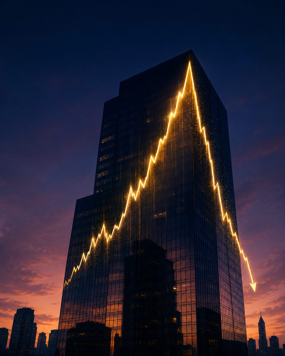 Illustration conceptuelle d'une courbe boursière lumineuse en dents de scie sur la façade d'un immeuble de bureaux, symbolisant la volatilité d'une fortune liée aux marchés