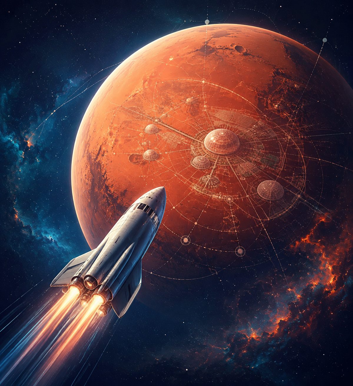 Illustration d'une fusée s'approchant de la planète Mars, symbolisant l'ambition de SpaceX de coloniser Mars