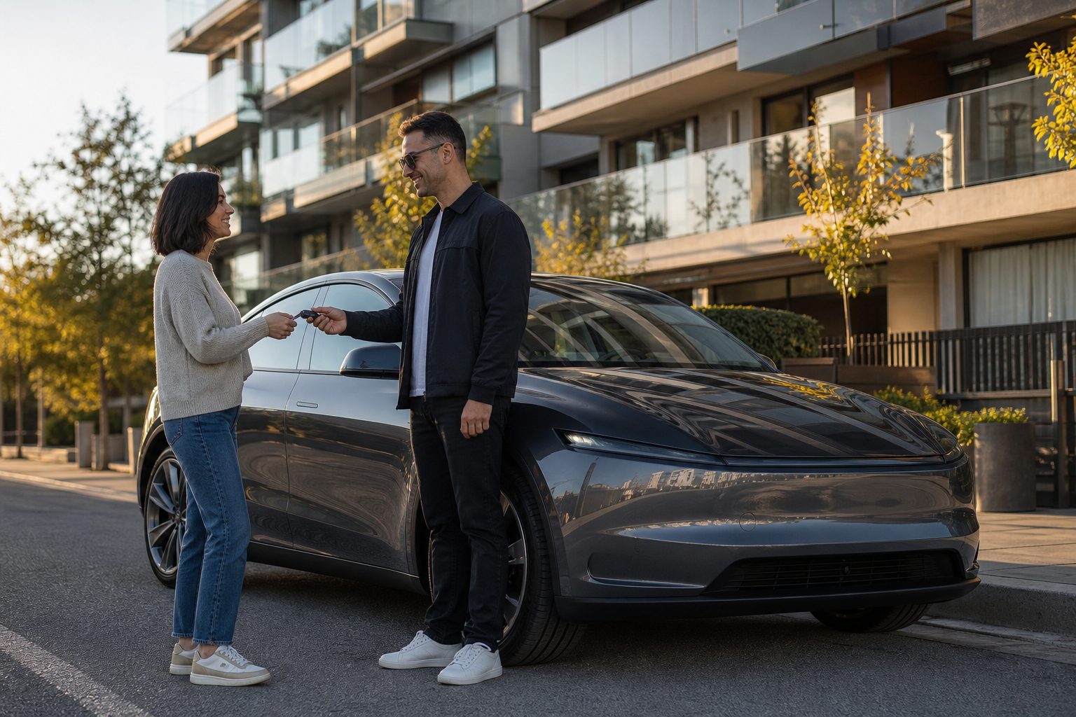Remise des clés entre le propriétaire et le locataire d'une voiture électrique en location