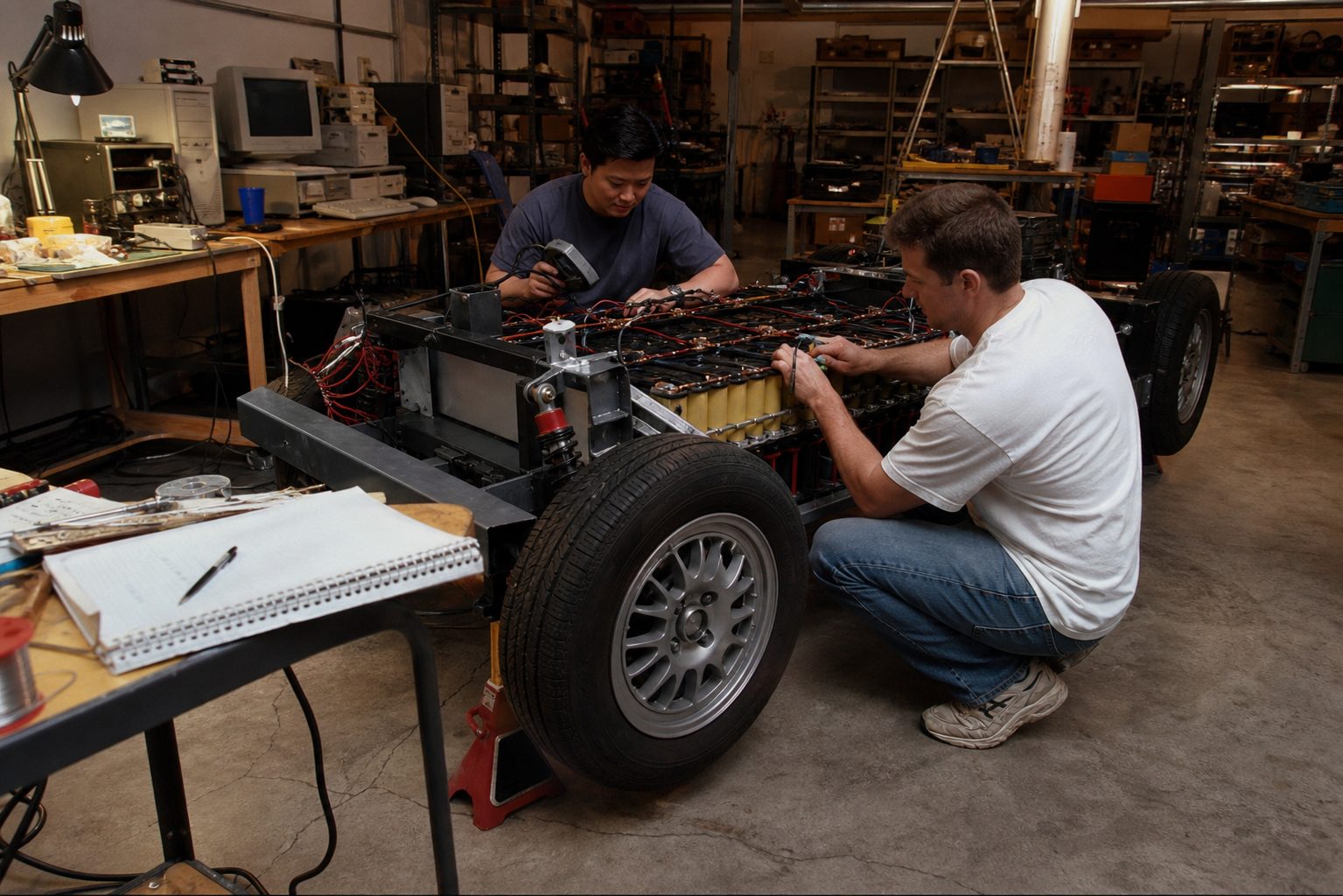 Atelier de prototypage d'un véhicule électrique, illustration des débuts de Tesla Motors
