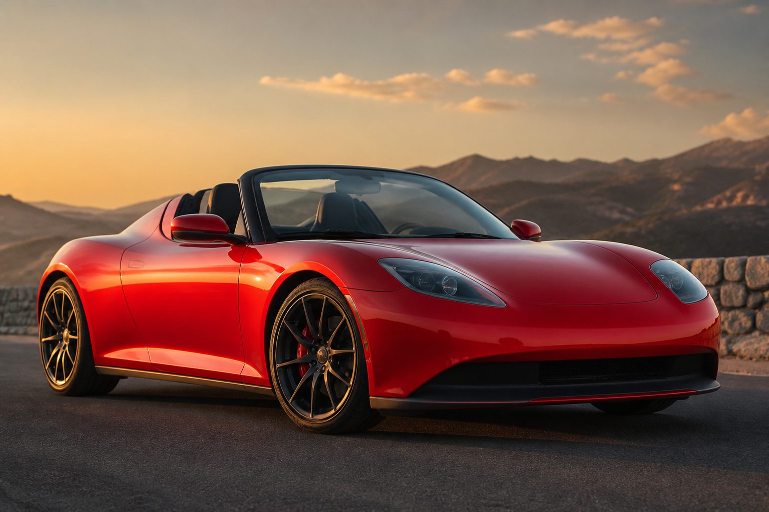 Illustration d'un roadster électrique décapotable, inspiré du premier modèle Tesla lancé en 2008