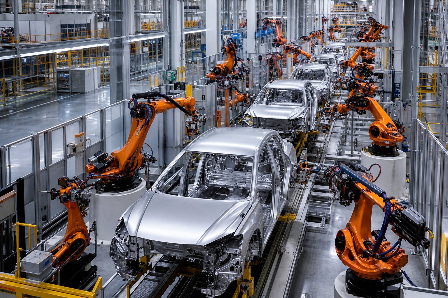 Ligne de production automatisée de véhicules électriques, illustration de Tesla aujourd'hui